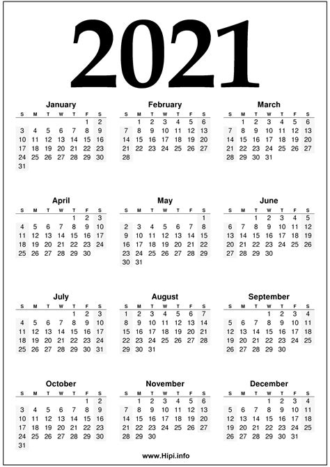Printable Black And White Calendar 2021